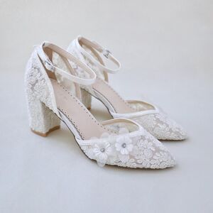 Kailee P. Model Abby Nude White Full Lace Flower Block Heel Mary Jane Heels US 5